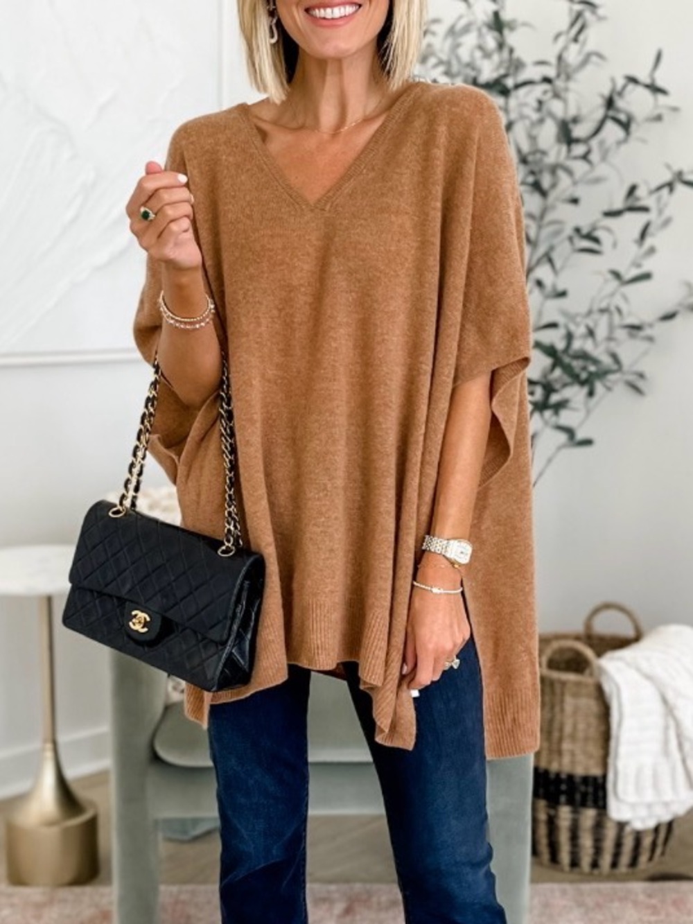 Nordstrom Camel V-Neck Poncho Sweater